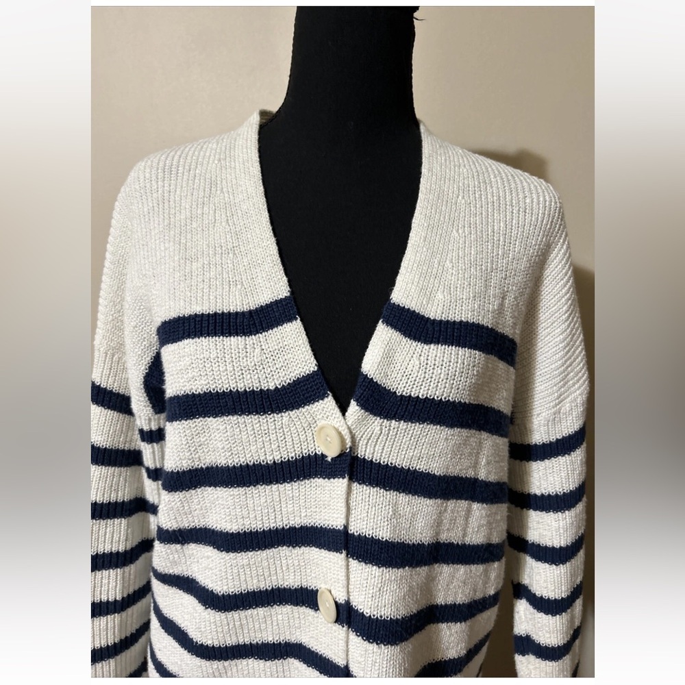 Madewell V-Neck Button-Front Long Cardigan Sweater Navy & White Striped Sz XS - Picture 6 of 13